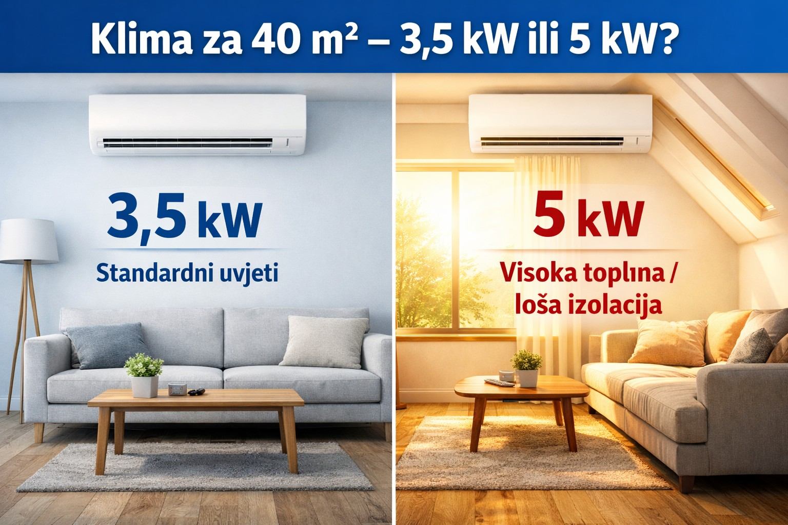 Klima za 40 m² – 3,5 kW ili 5 kW? (kada odabrati koju snagu)
